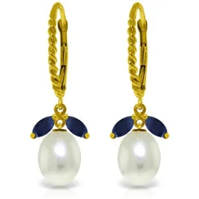 9 Carat 14K Solid Yellow Gold Leverback Earrings Sapphire Pearl