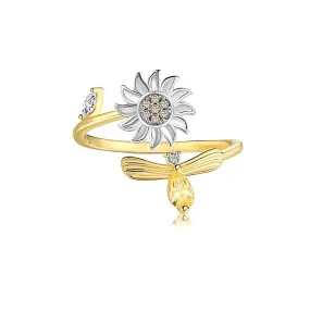 925 Silver Sunflower Bee CZ Diamond Toi et Moi Ring