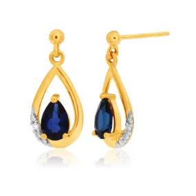 9ct Yellow Gold Created Sapphire and Diamond Drop Earrings