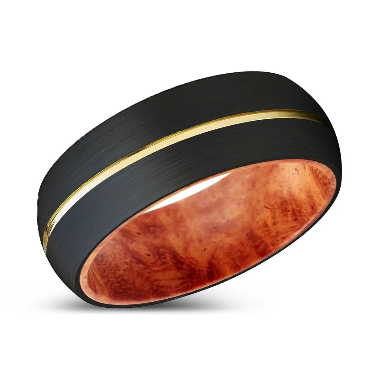 ALSOS | Red Burl Wood, Black Tungsten Ring, Gold Groove, Domed