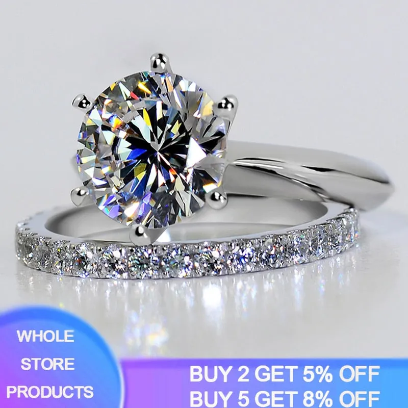 Amazing! Luxury 1.5Ct Zircon Rings Set Solid White Tibetan Silver Wedding Band Set for Women Stackable Ring Allergy Free Jewelry