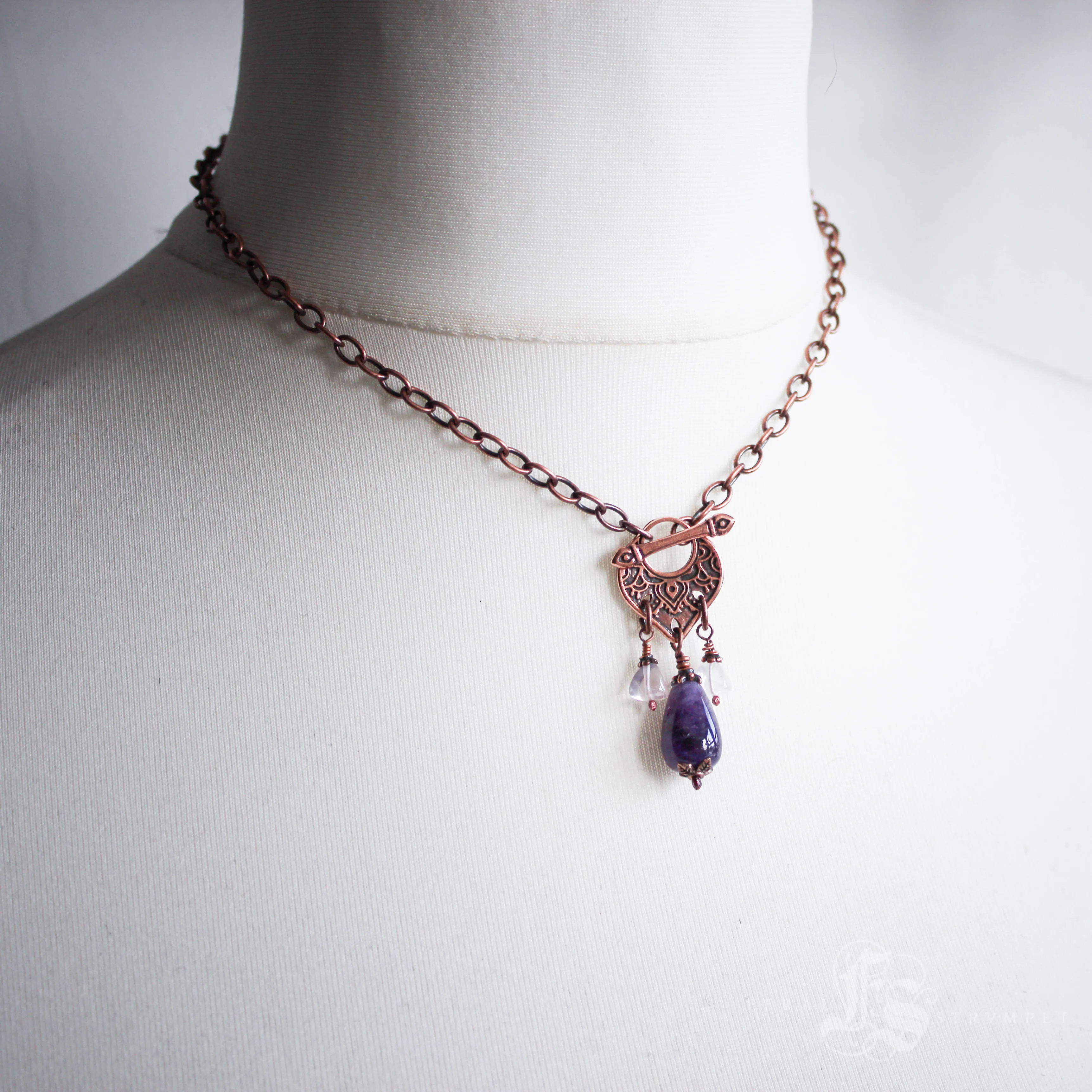 Amethyst Tassel Toggle Necklace in Copper with Rose Quartz