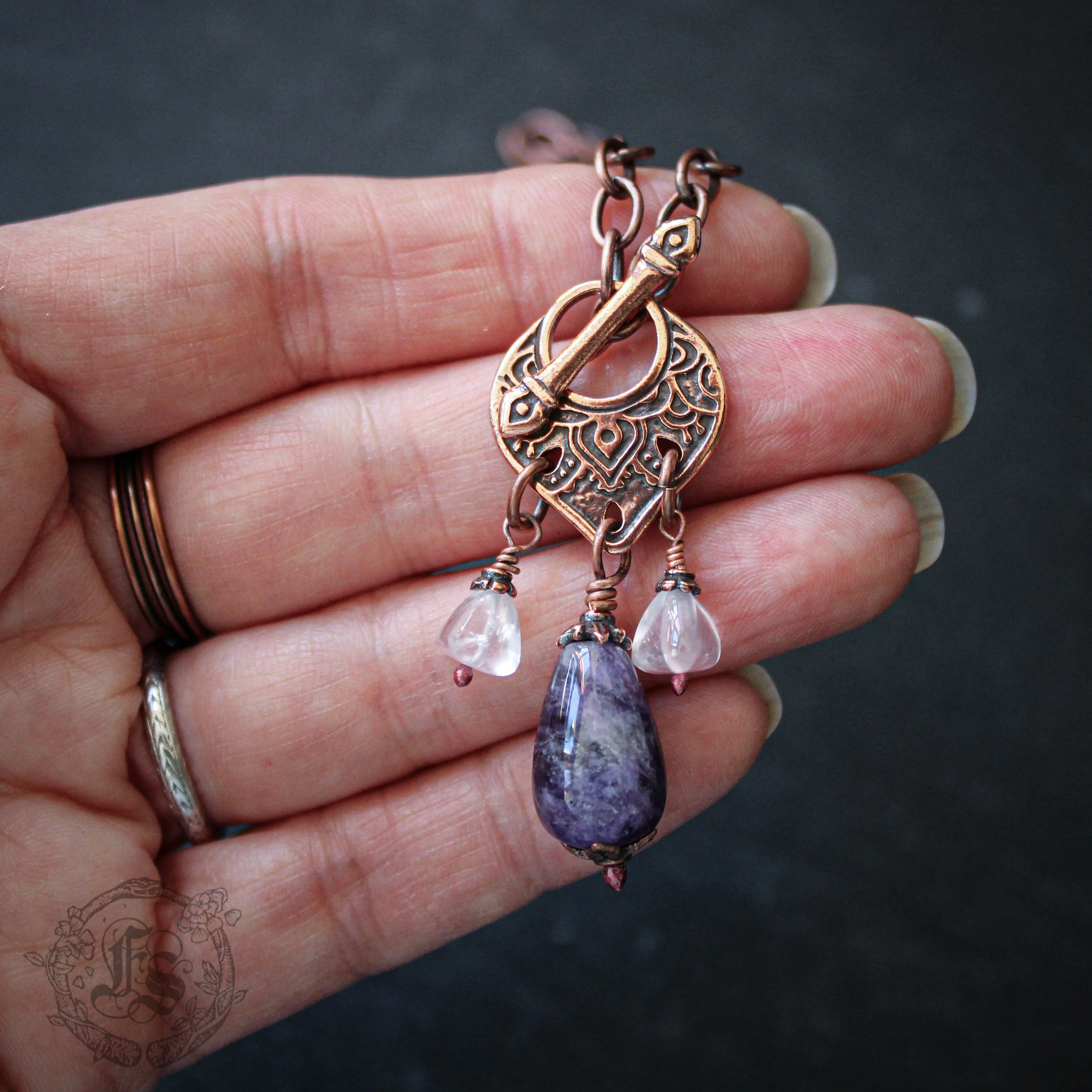 Amethyst Tassel Toggle Necklace in Copper with Rose Quartz