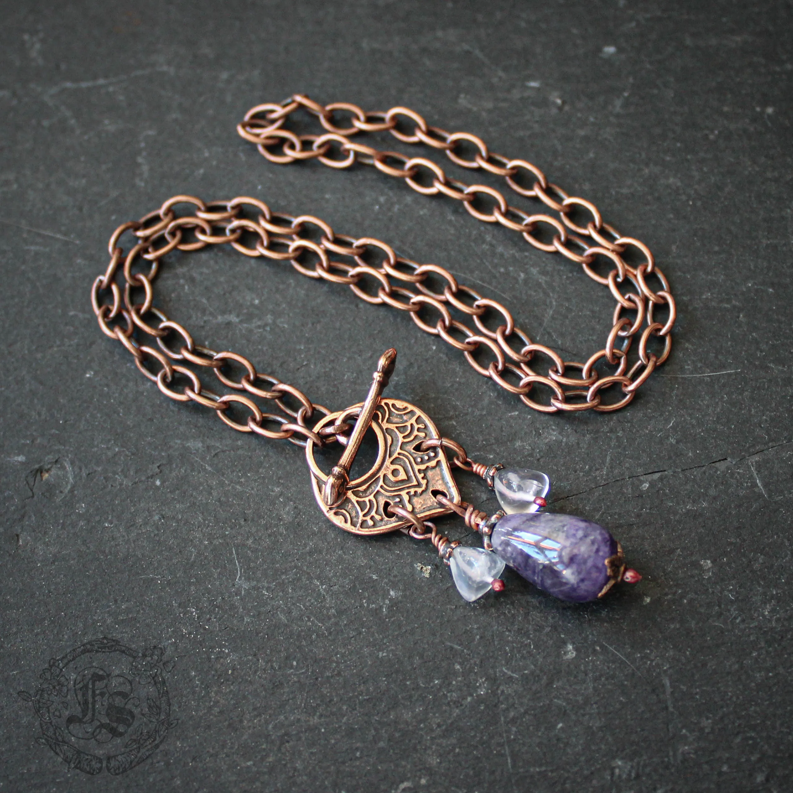 Amethyst Tassel Toggle Necklace in Copper with Rose Quartz