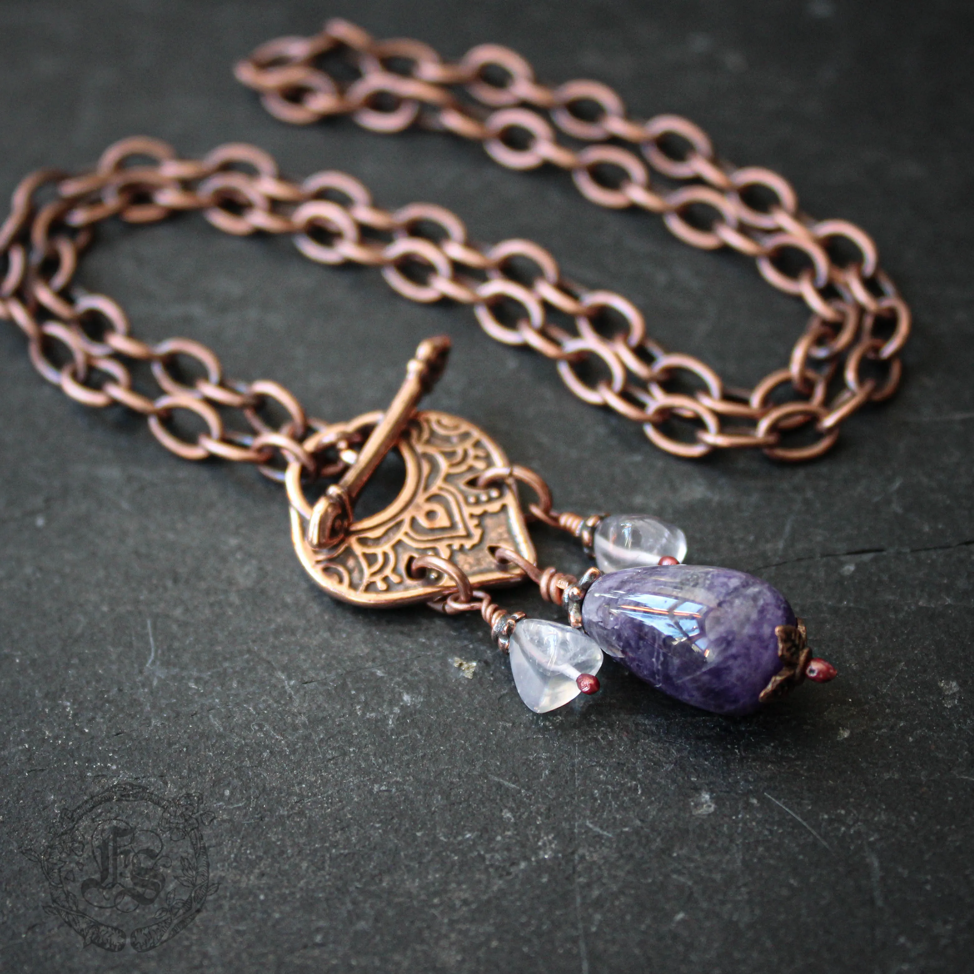 Amethyst Tassel Toggle Necklace in Copper with Rose Quartz