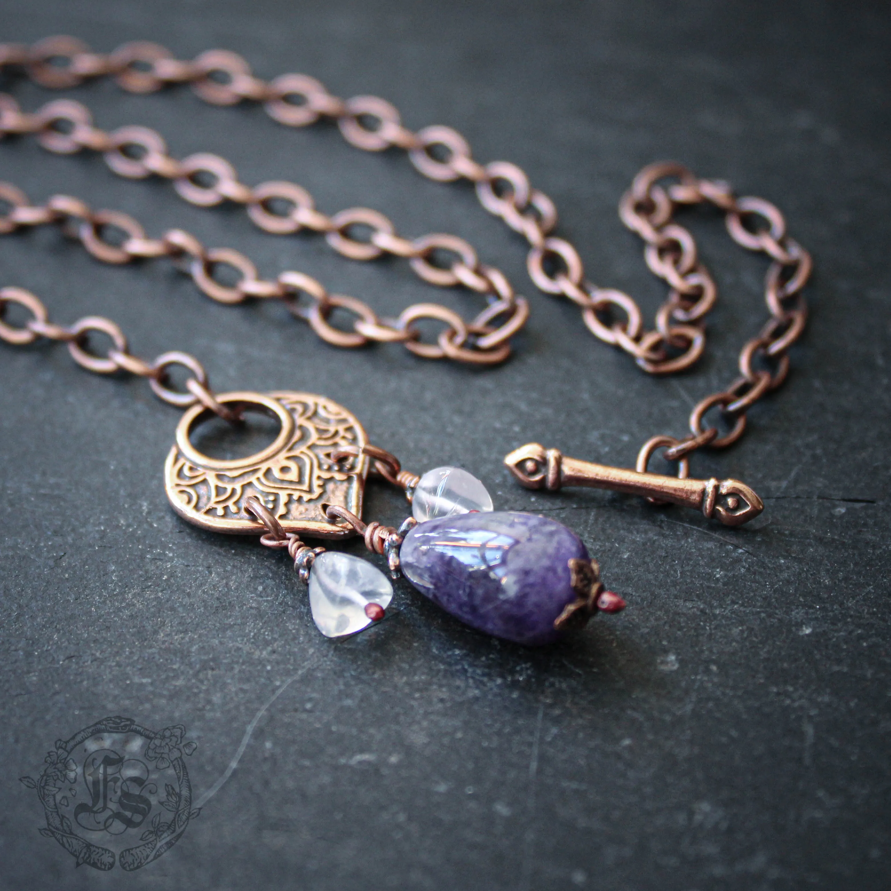 Amethyst Tassel Toggle Necklace in Copper with Rose Quartz