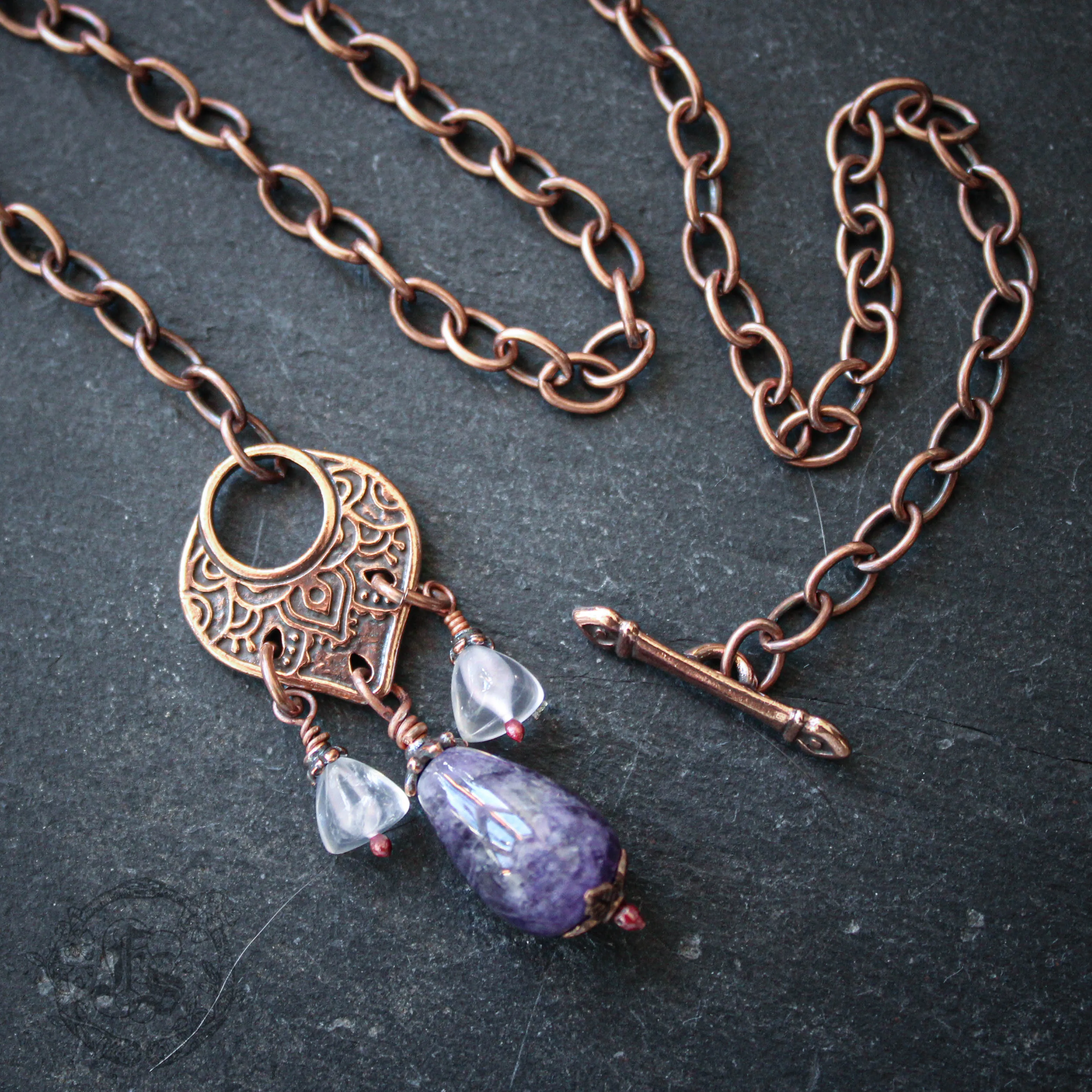 Amethyst Tassel Toggle Necklace in Copper with Rose Quartz