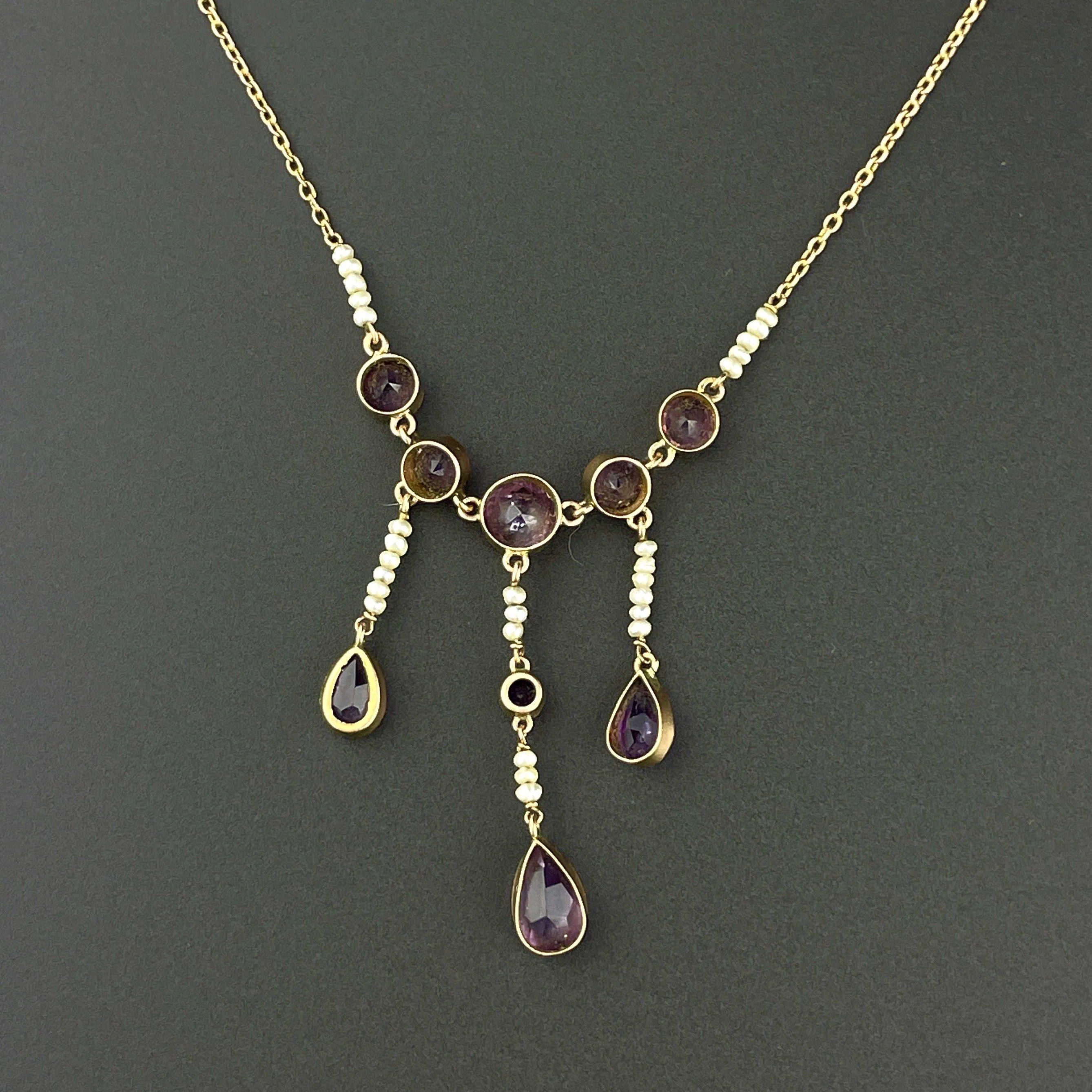 Antique Gold Teardrop Amethyst Pearl Necklace