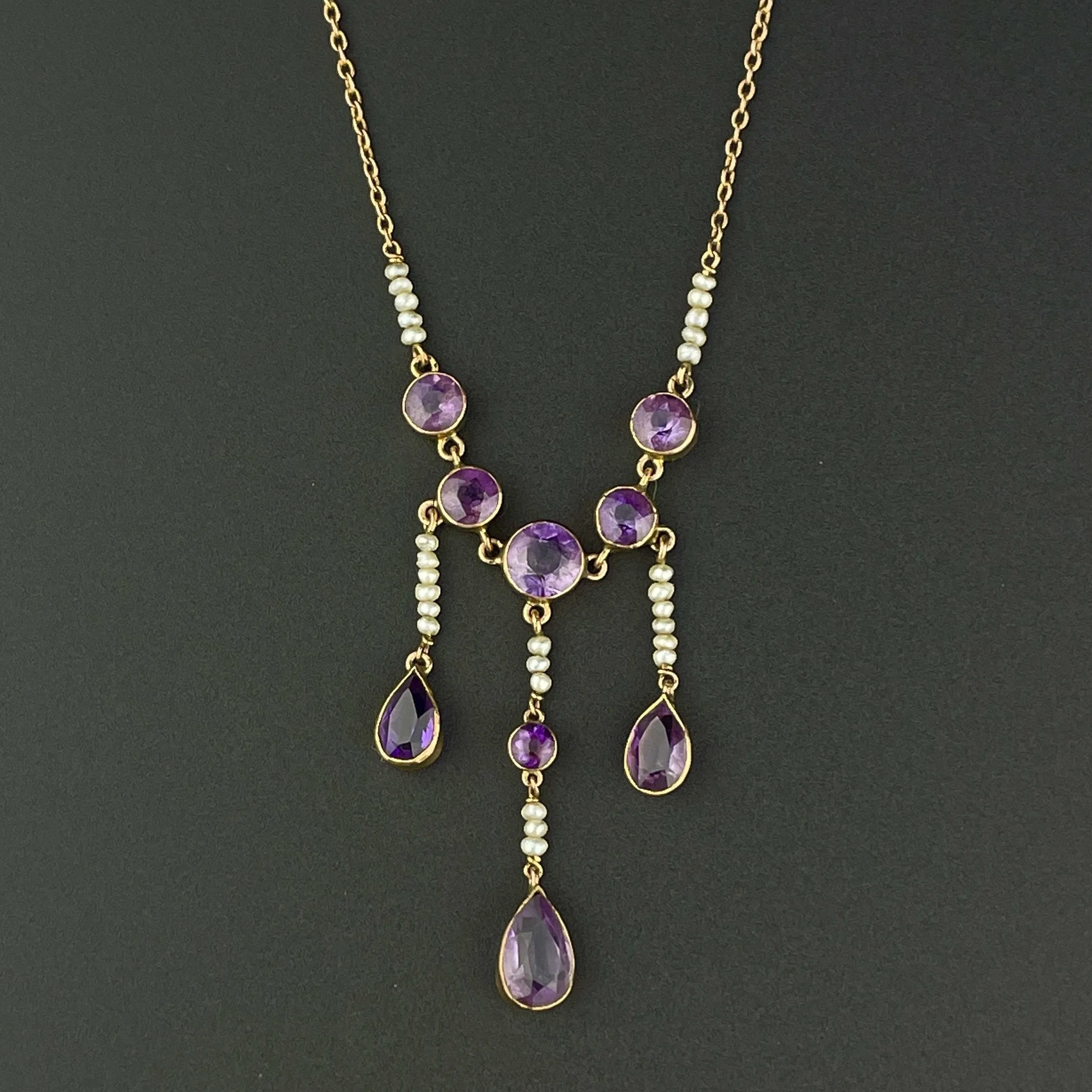 Antique Gold Teardrop Amethyst Pearl Necklace