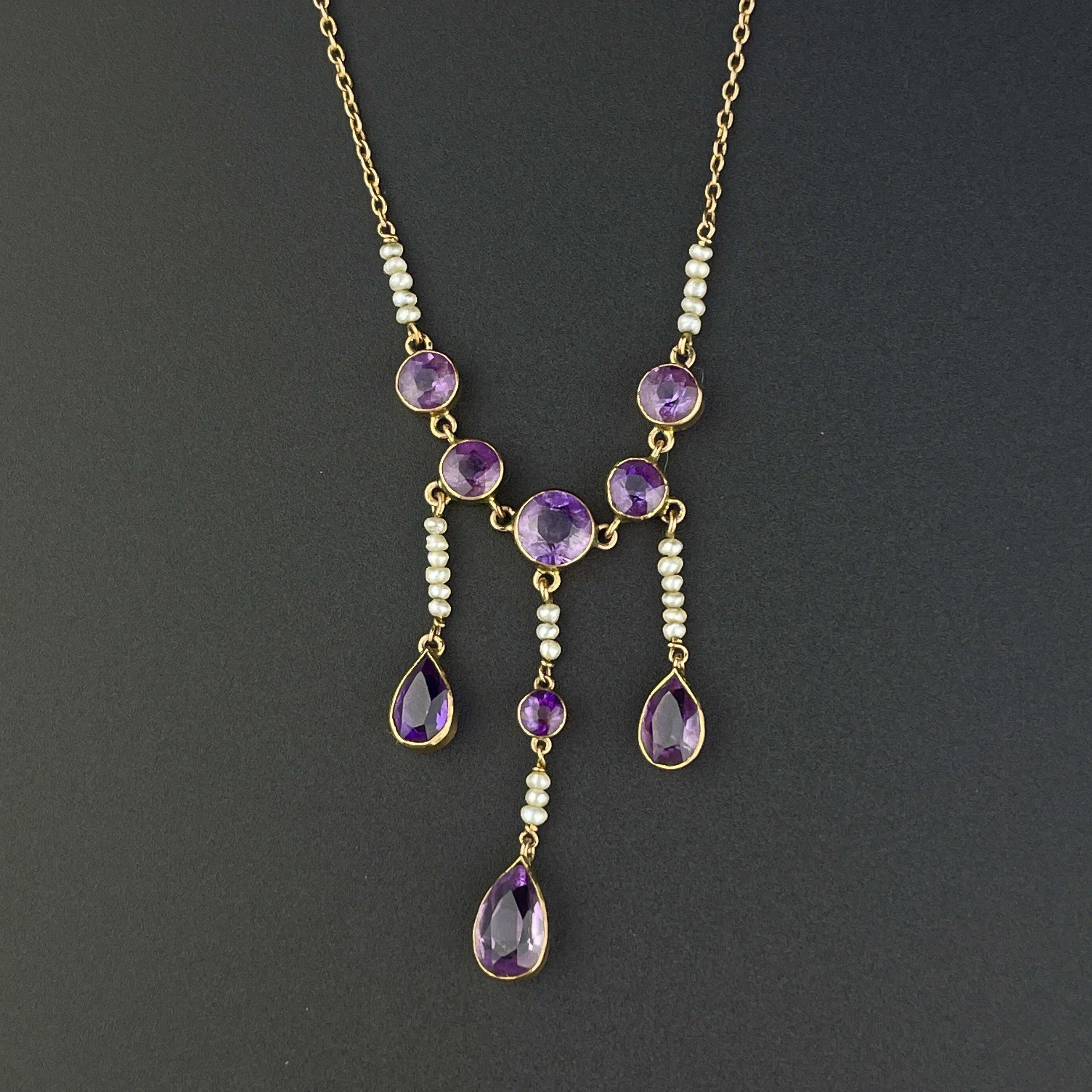 Antique Gold Teardrop Amethyst Pearl Necklace