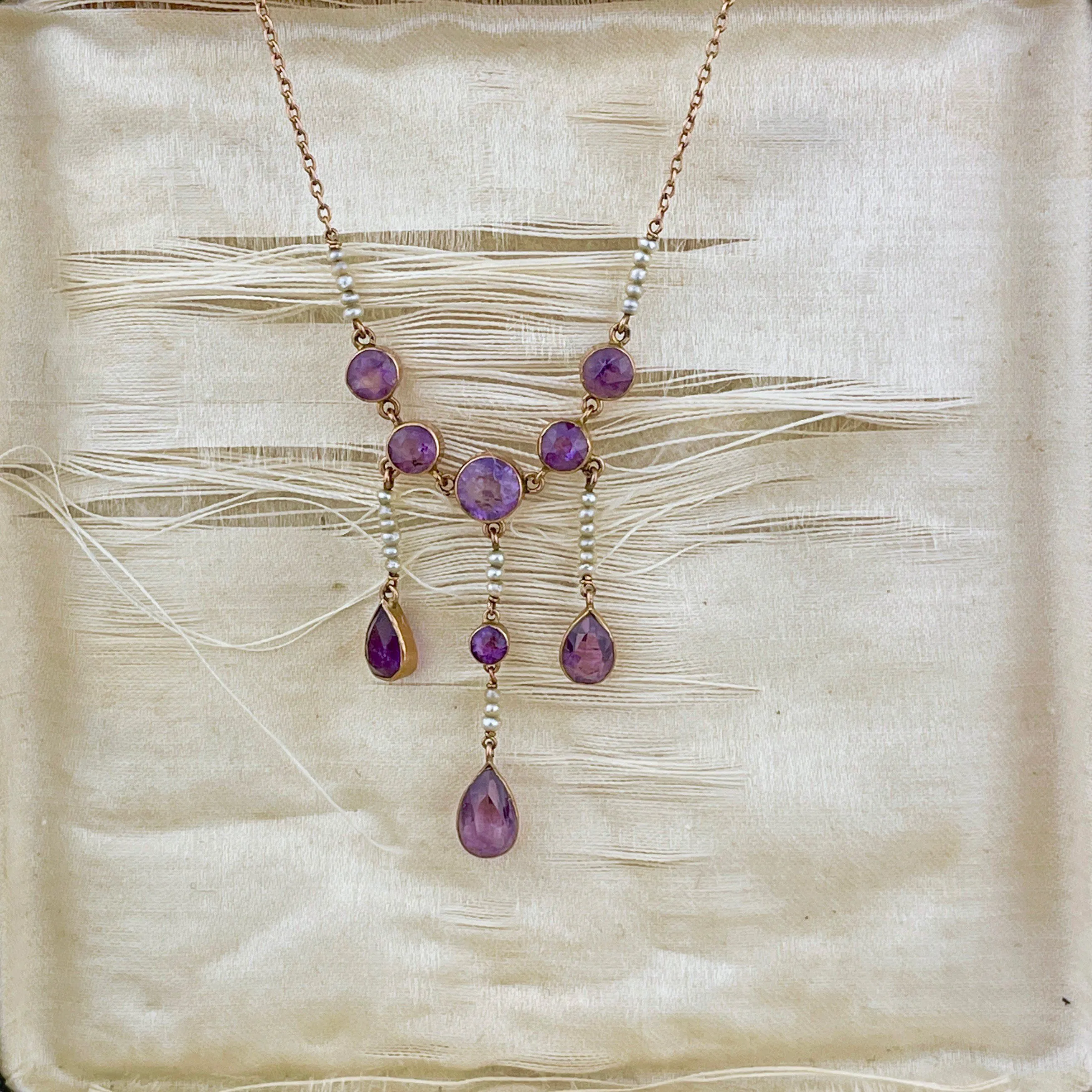 Antique Gold Teardrop Amethyst Pearl Necklace