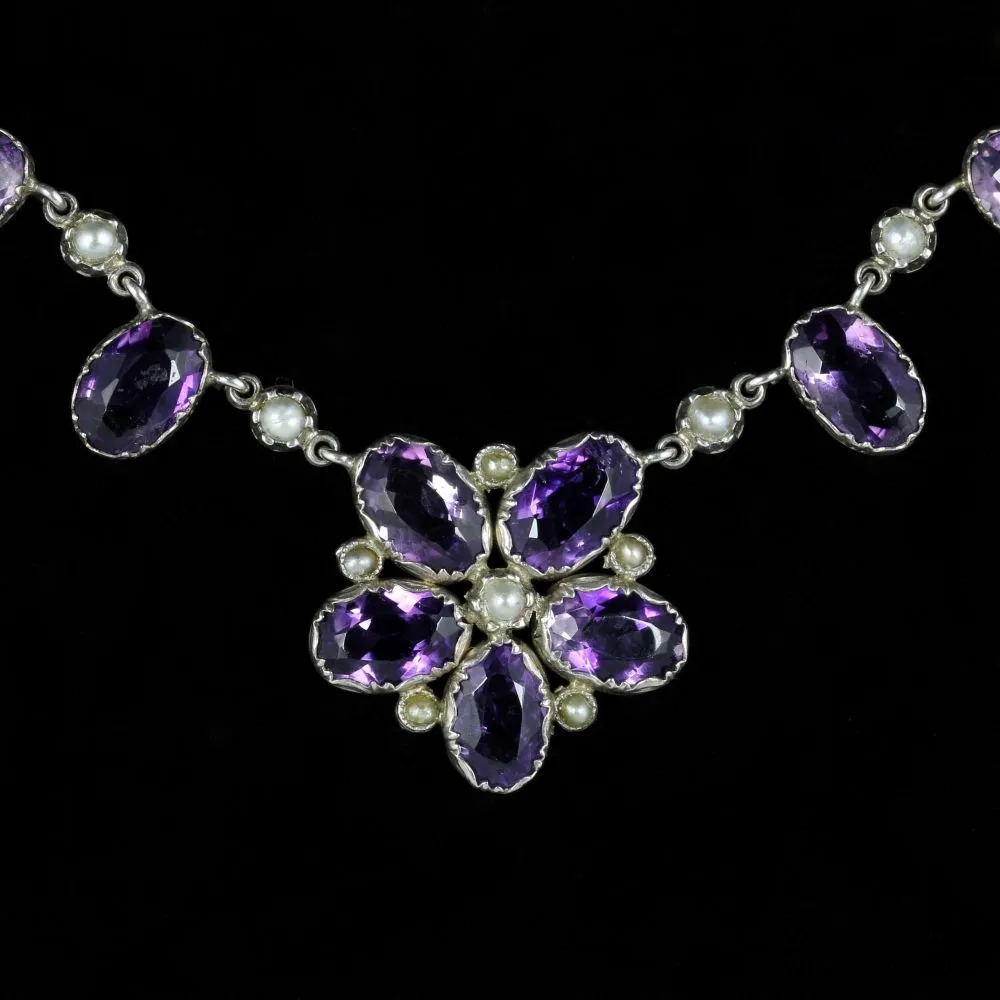 Antique Victorian Amethyst Pearl Necklace Silver Circa 1890