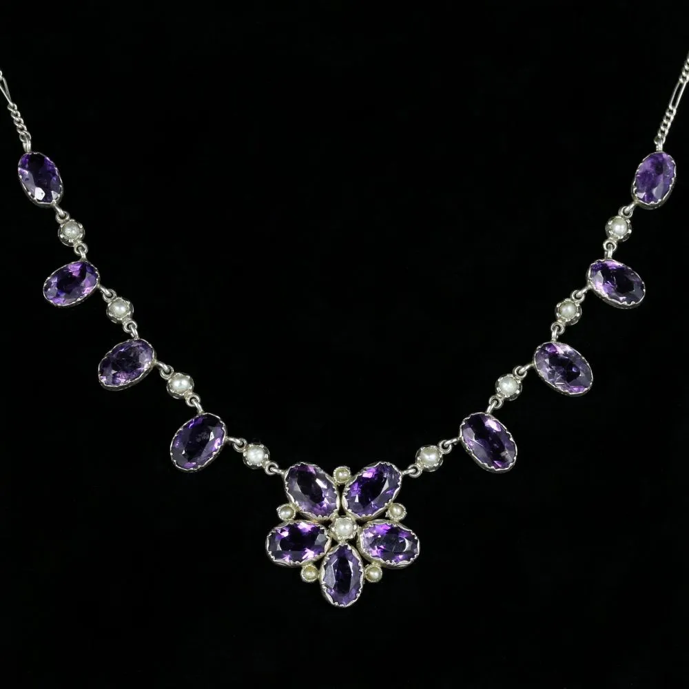 Antique Victorian Amethyst Pearl Necklace Silver Circa 1890