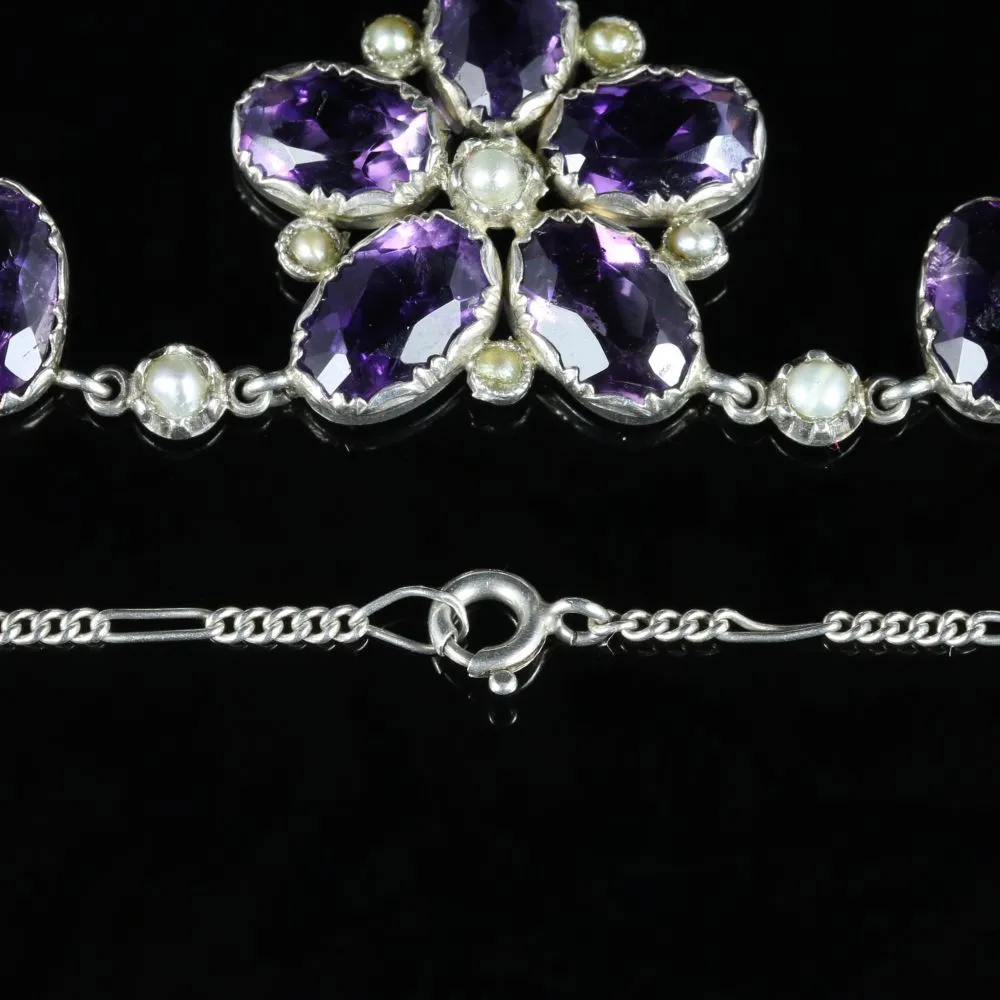 Antique Victorian Amethyst Pearl Necklace Silver Circa 1890