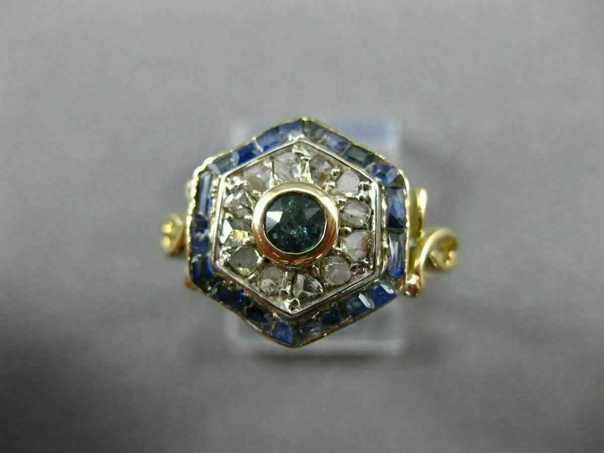 ANTIQUE WIDE .36CT ROSE CUT DIAMOND & AAA SAPPHIRE 14K TWO TONE GOLD RING #26361