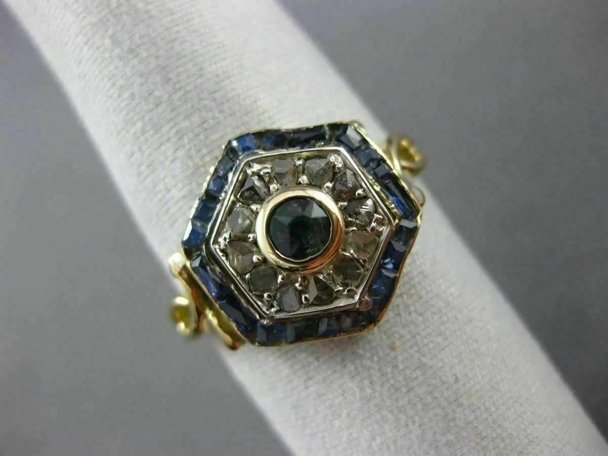 ANTIQUE WIDE .36CT ROSE CUT DIAMOND & AAA SAPPHIRE 14K TWO TONE GOLD RING #26361