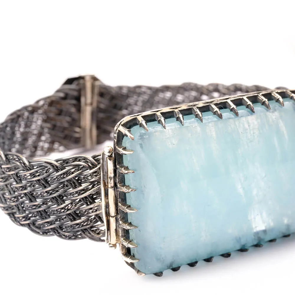 Aquamarine Gemstone Unisex Silver Braided Bracelet (90ct) SCB-007