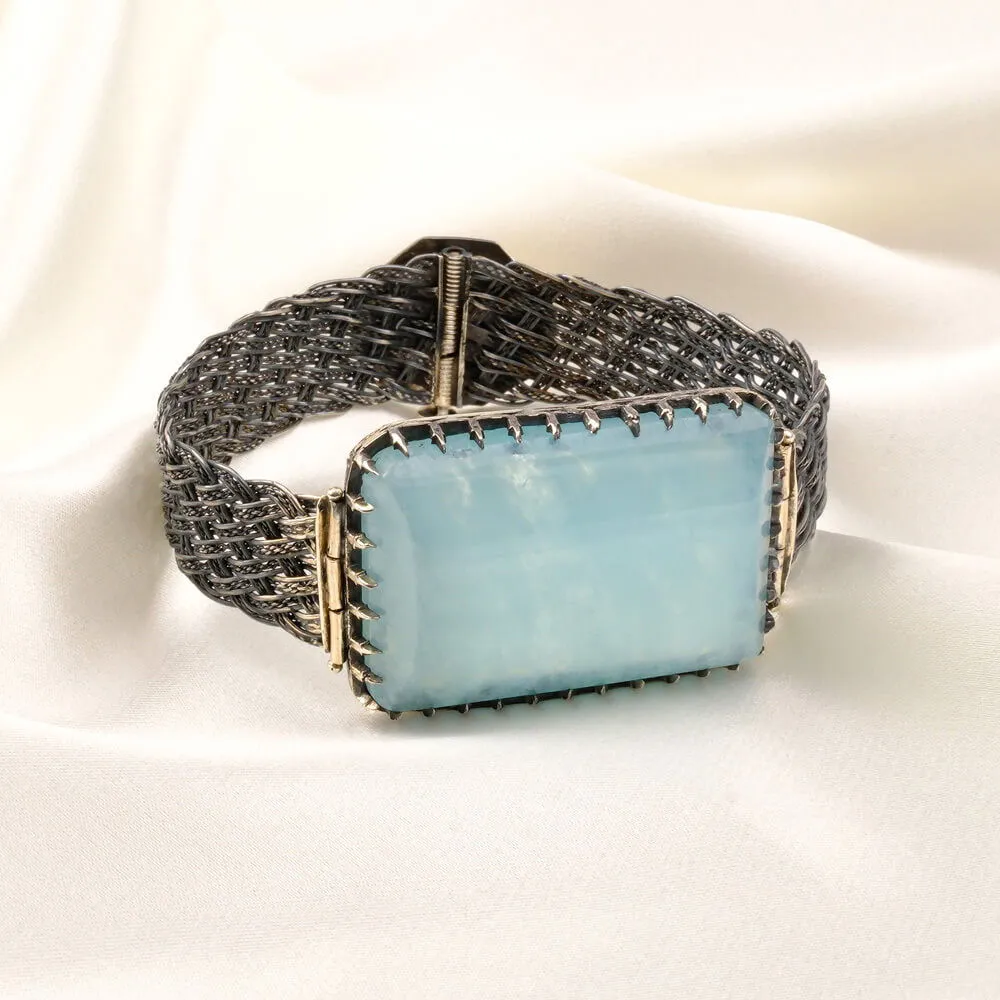 Aquamarine Gemstone Unisex Silver Braided Bracelet (90ct) SCB-007