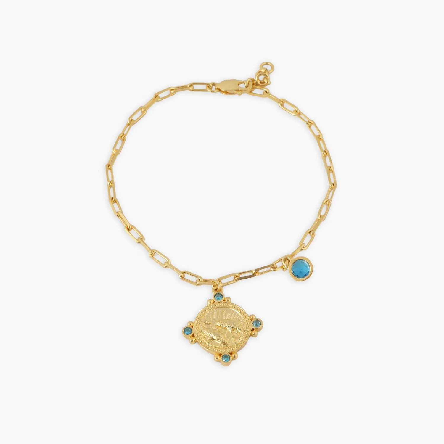 Aquamarine Pisces Zodiac Gold Plated Silver Chain Bracelet