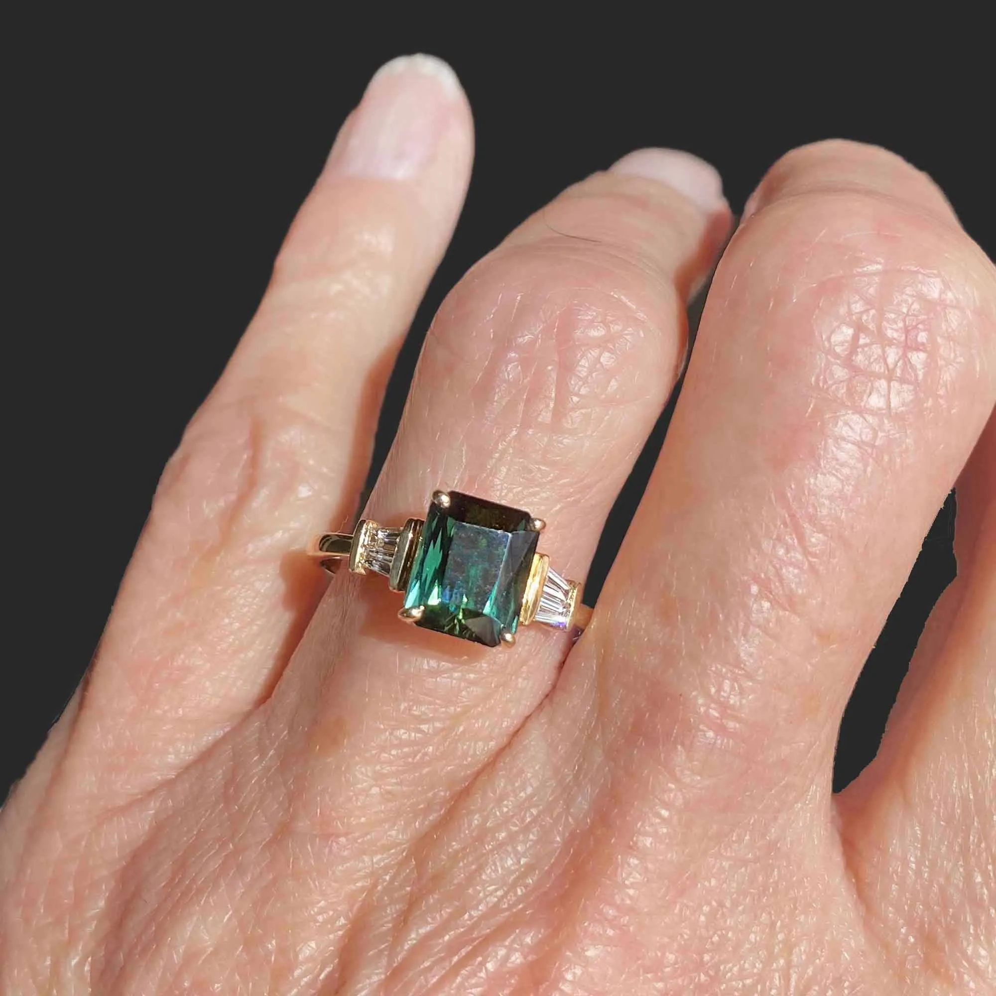 Baguette Diamond Green Tourmaline Ring in 14K Gold