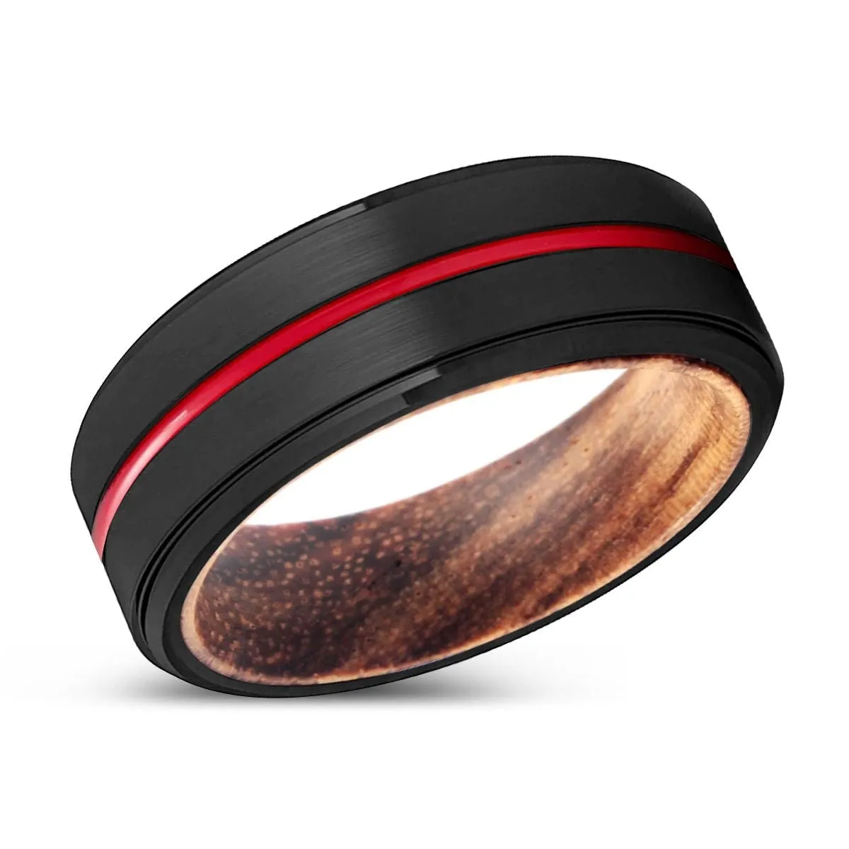 BAMBAM | Zebra Wood, Black Tungsten Ring, Red Groove, Stepped Edge