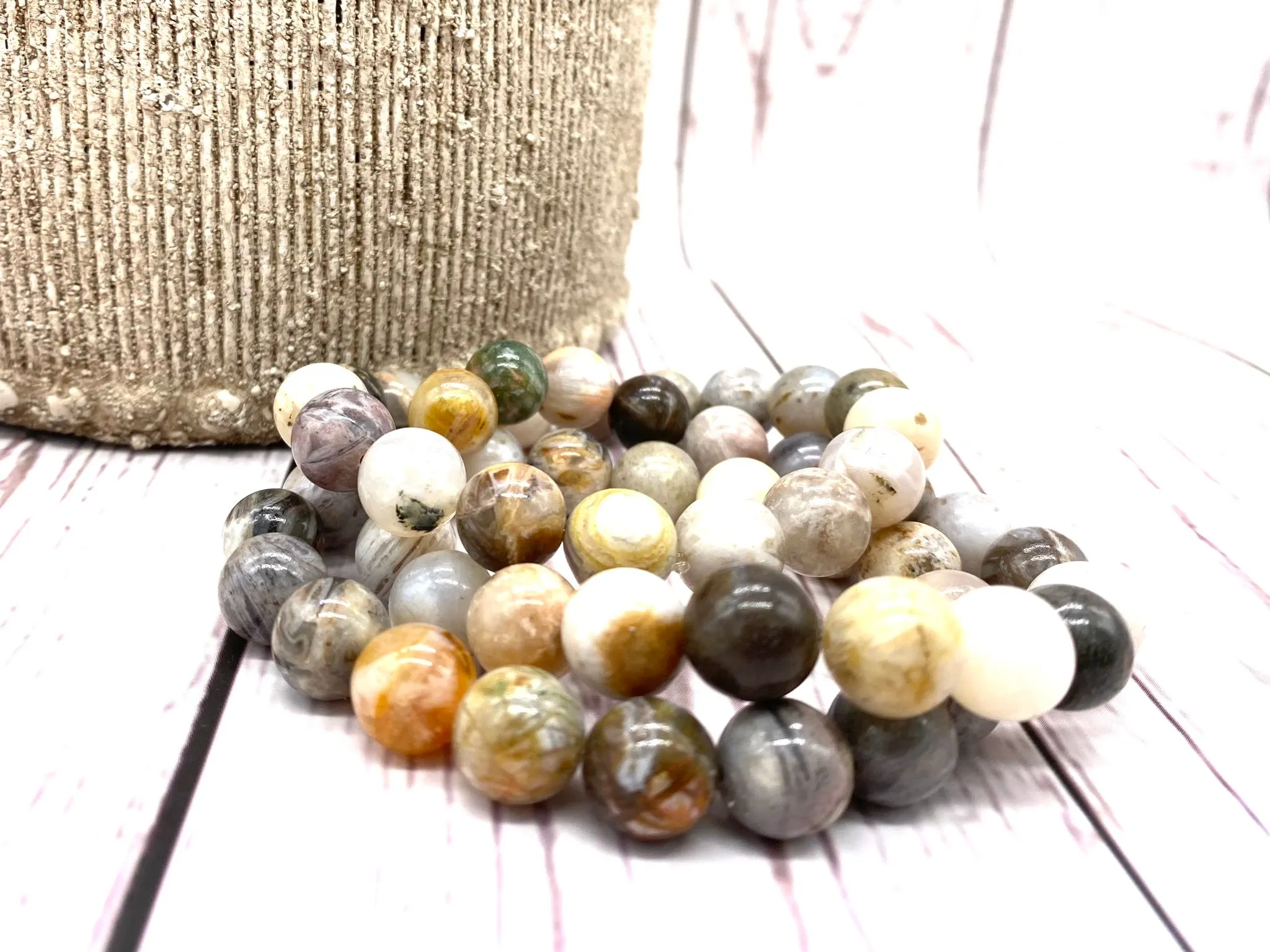 Bamboo Agate Crystal Chunky Beaded Bracelet - Lava Stone Bracelet