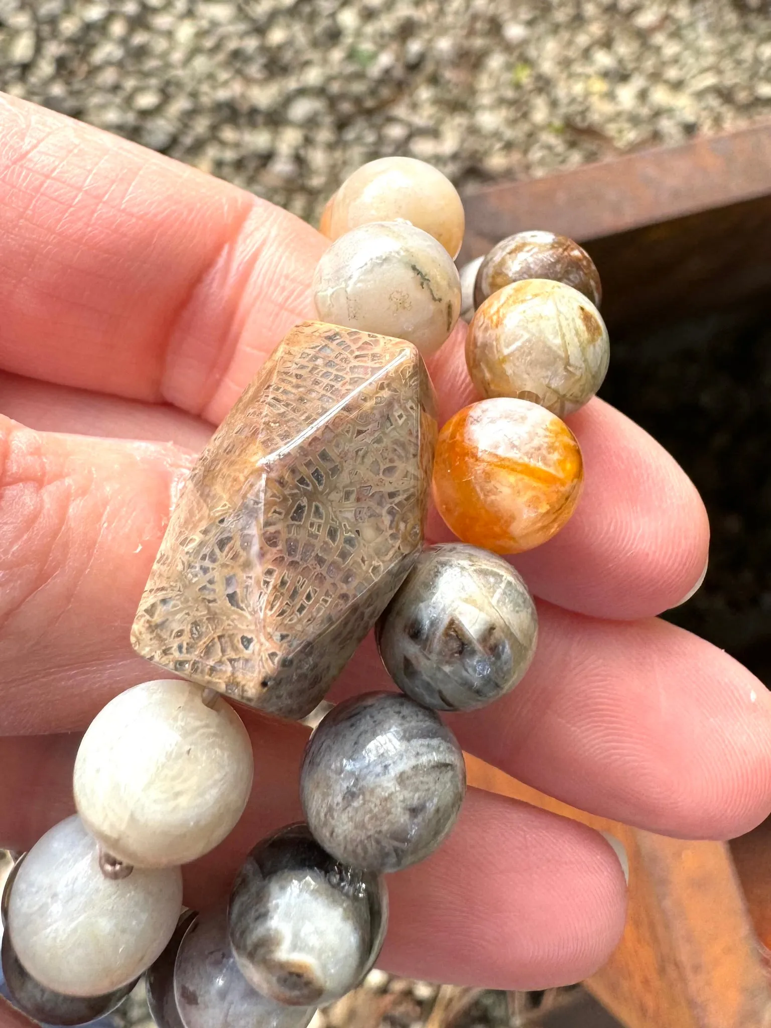 Bamboo Agate Crystal Chunky Beaded Bracelet - Lava Stone Bracelet