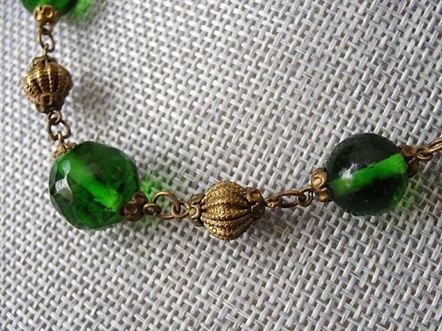 BEAUTIFUL Antique Czech Glass and Ornate Brass Beads Necklace, Faceted EMERALD Green Beads, Day or Evening, Captivating Antique Necklace