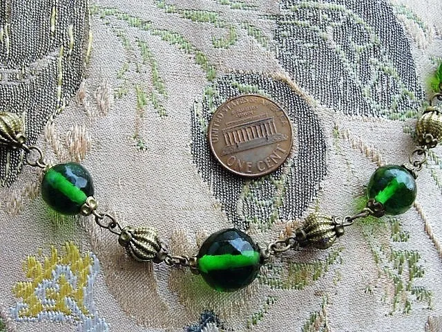 BEAUTIFUL Antique Czech Glass and Ornate Brass Beads Necklace, Faceted EMERALD Green Beads, Day or Evening, Captivating Antique Necklace