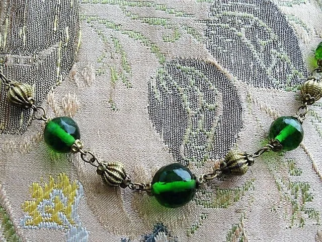 BEAUTIFUL Antique Czech Glass and Ornate Brass Beads Necklace, Faceted EMERALD Green Beads, Day or Evening, Captivating Antique Necklace