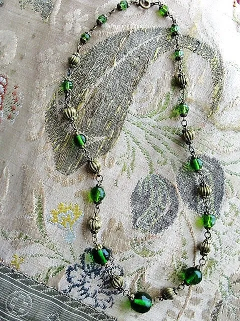 BEAUTIFUL Antique Czech Glass and Ornate Brass Beads Necklace, Faceted EMERALD Green Beads, Day or Evening, Captivating Antique Necklace