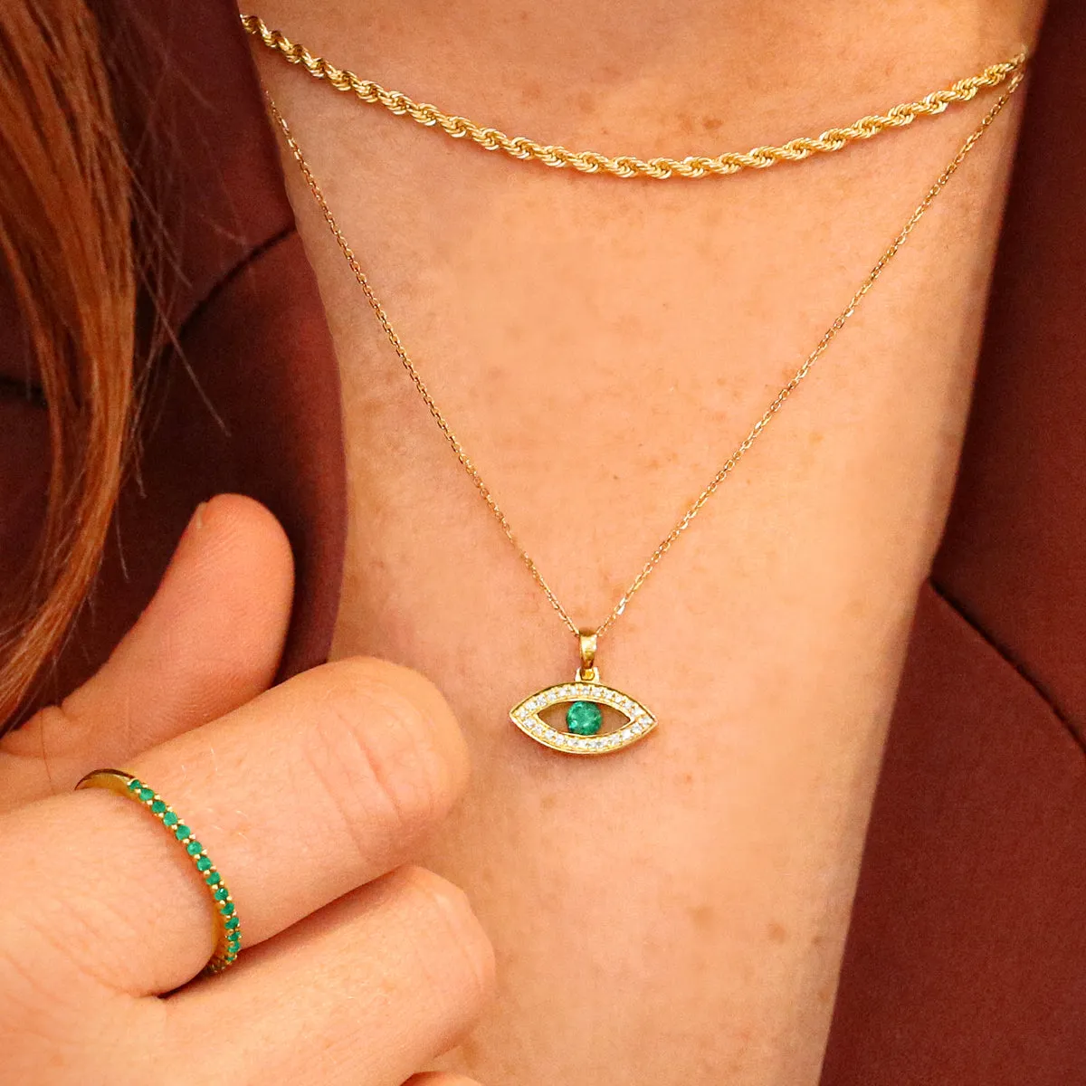 Bijou Collection Emerald & Diamond Evil Eye Pendant | 9K Yellow Gold