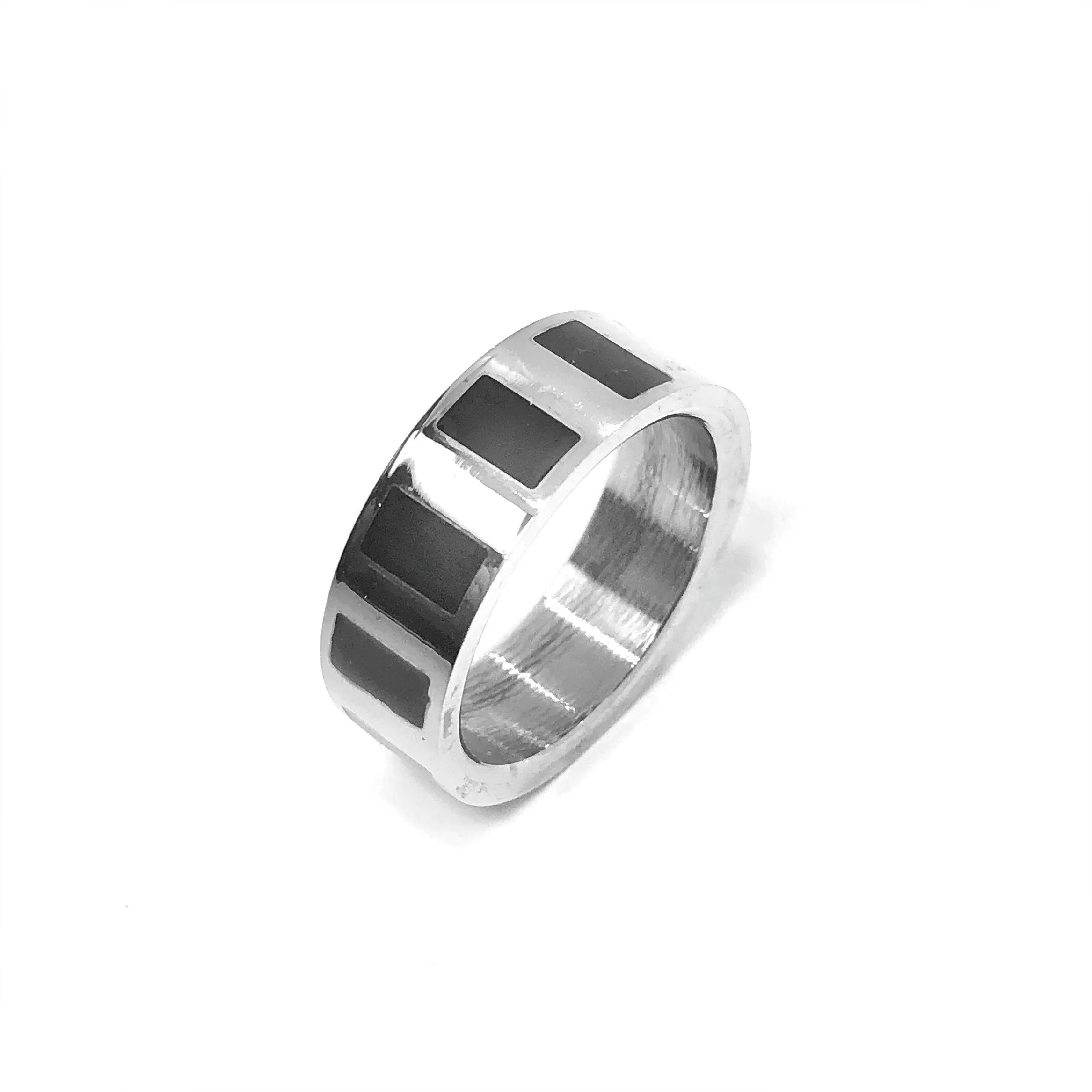 Black Enamel Inlaid  Stainless Steel Ring