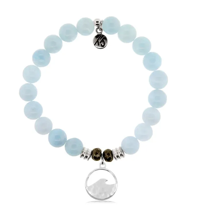 Blue Aquamarine Stone Bracelet with Waves Silver Charm