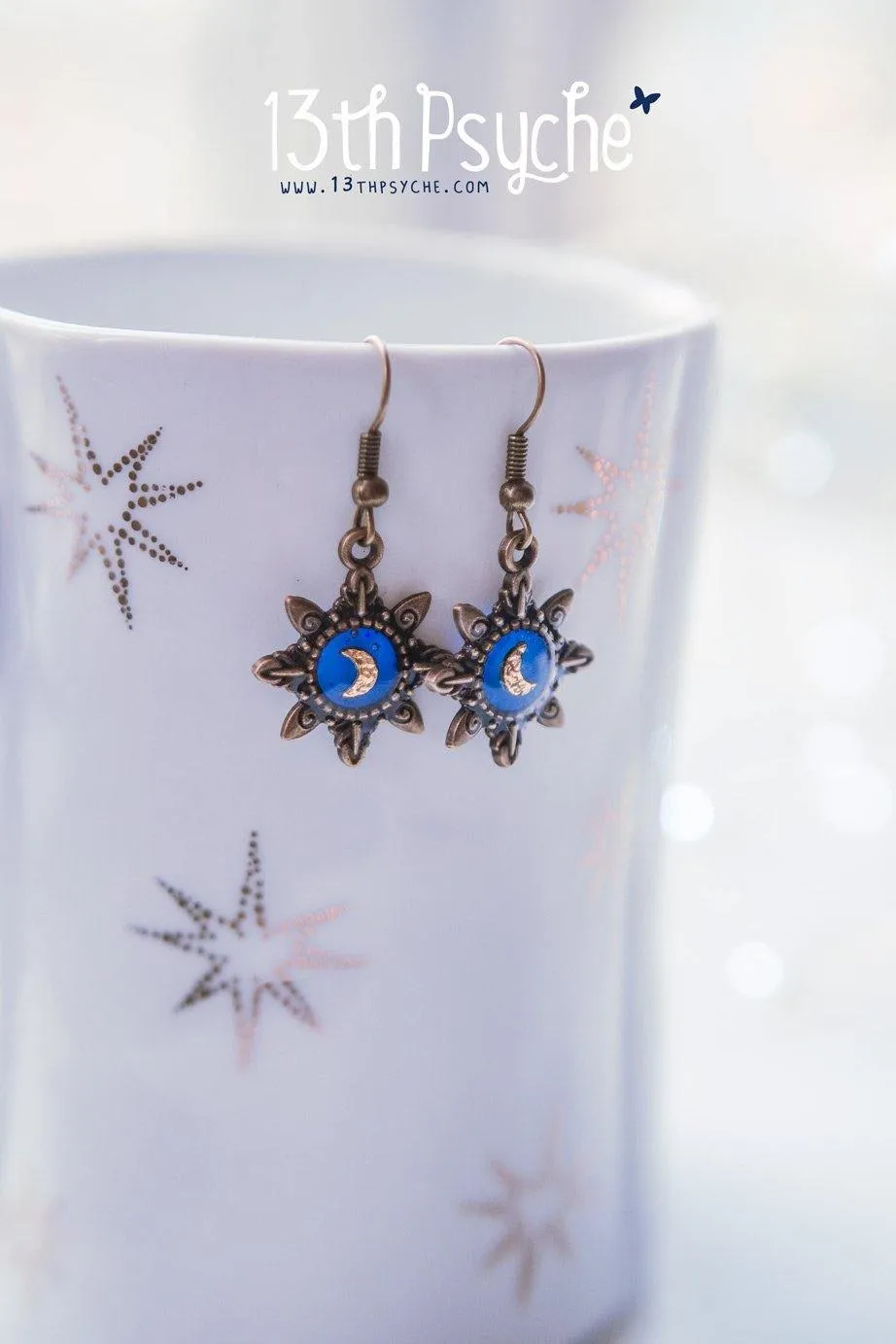 Blue star gold moon resin dangle earrings