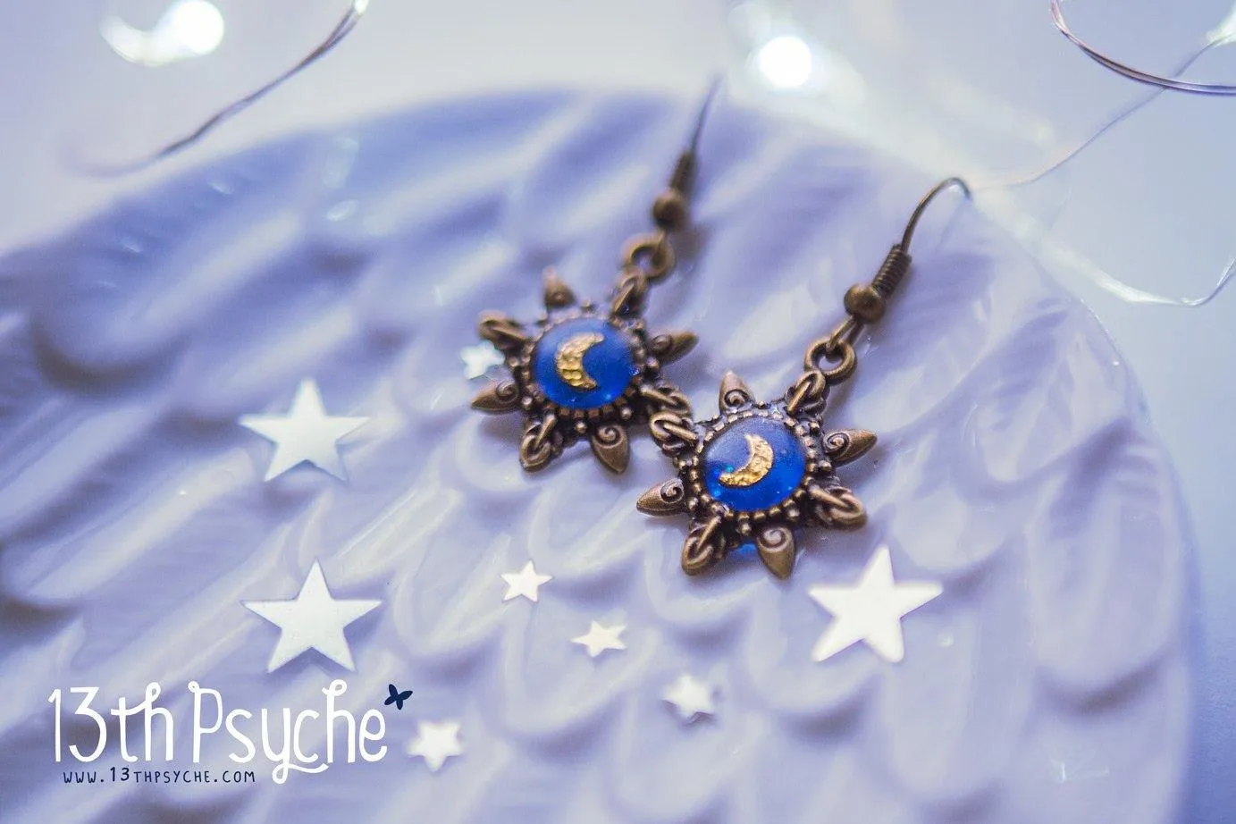 Blue star gold moon resin dangle earrings