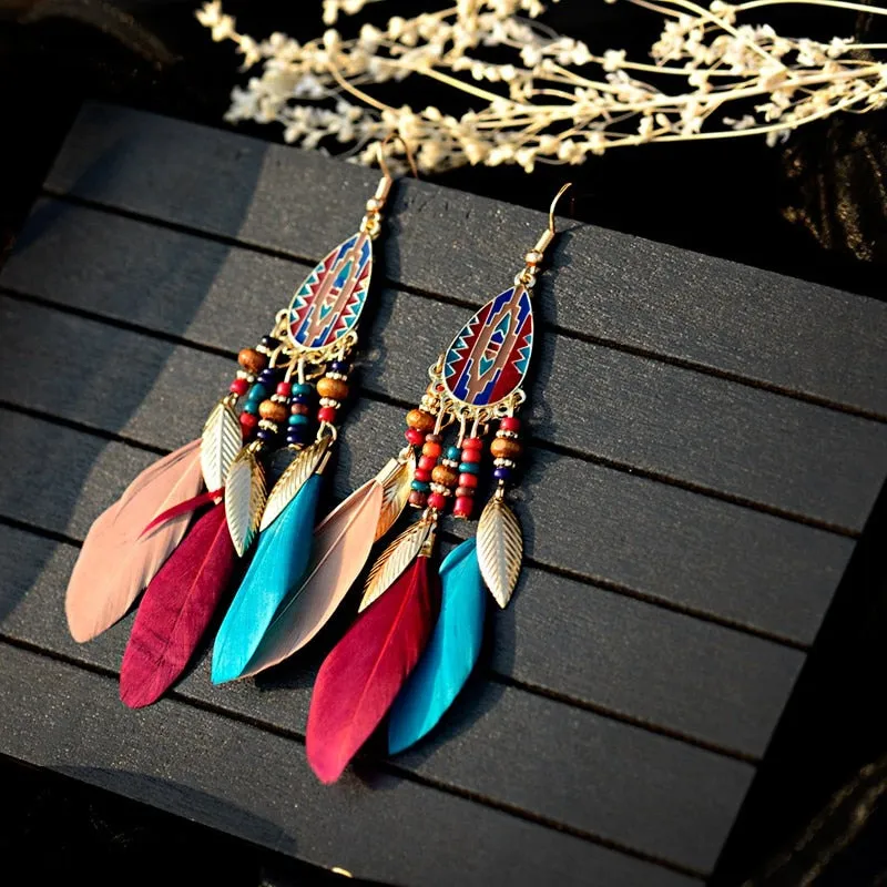 Bohemian Feather Tassel Earrings For Women Water Drop Vintage Statement Earrings