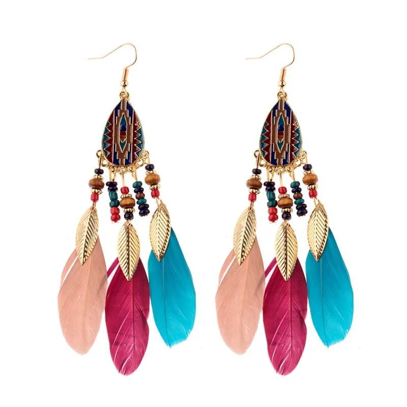 Bohemian Feather Tassel Earrings For Women Water Drop Vintage Statement Earrings