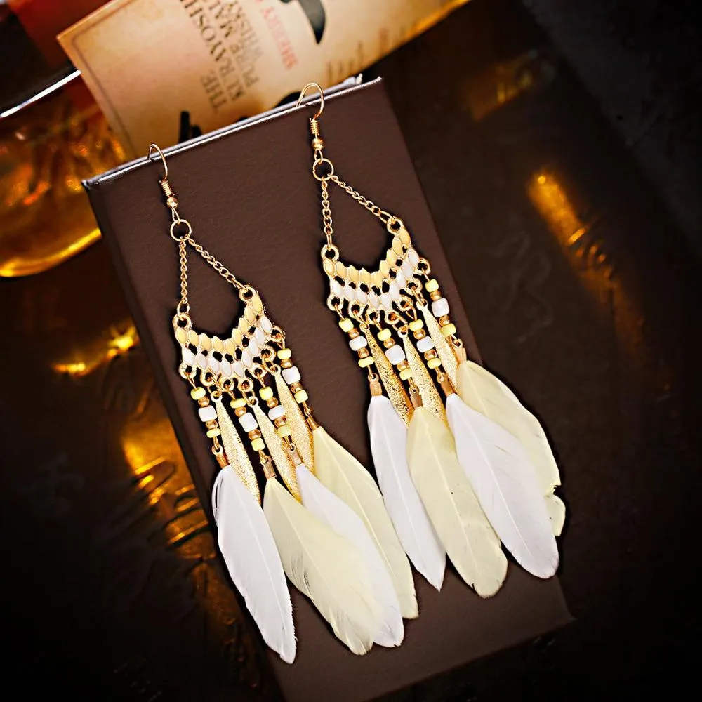 Bohemian Feather Tassel Earrings For Women Water Drop Vintage Statement Earrings