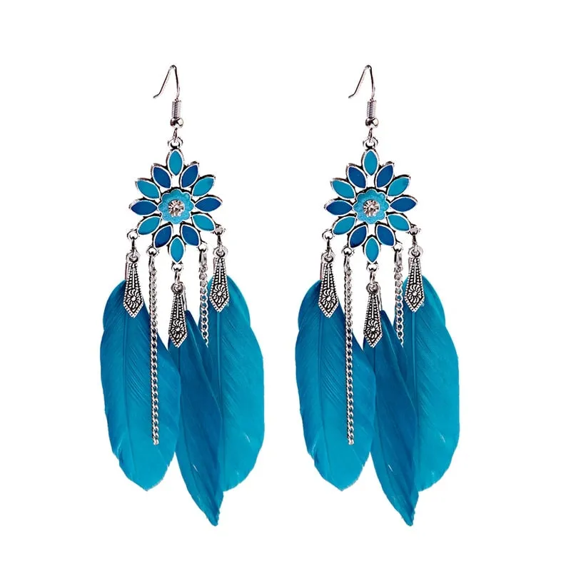 Bohemian Feather Tassel Earrings For Women Water Drop Vintage Statement Earrings