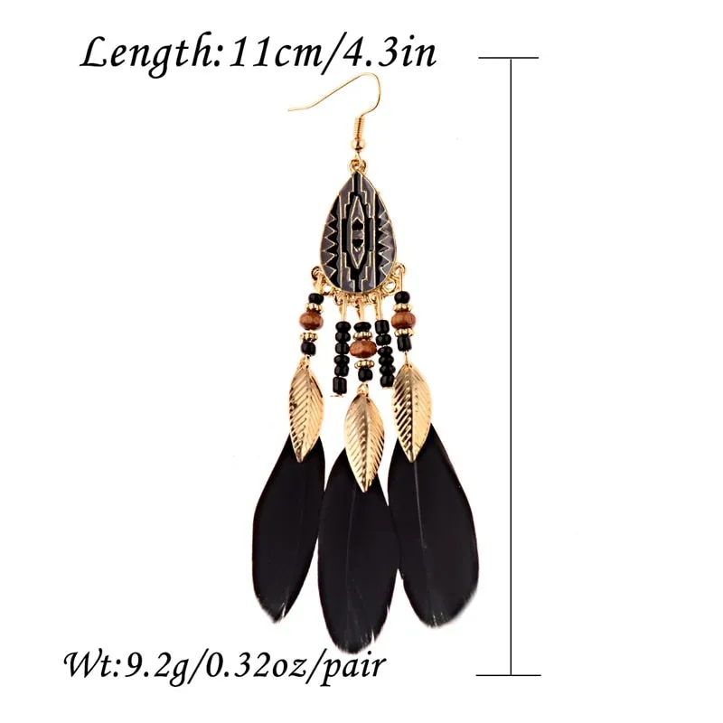 Bohemian Feather Tassel Earrings For Women Water Drop Vintage Statement Earrings