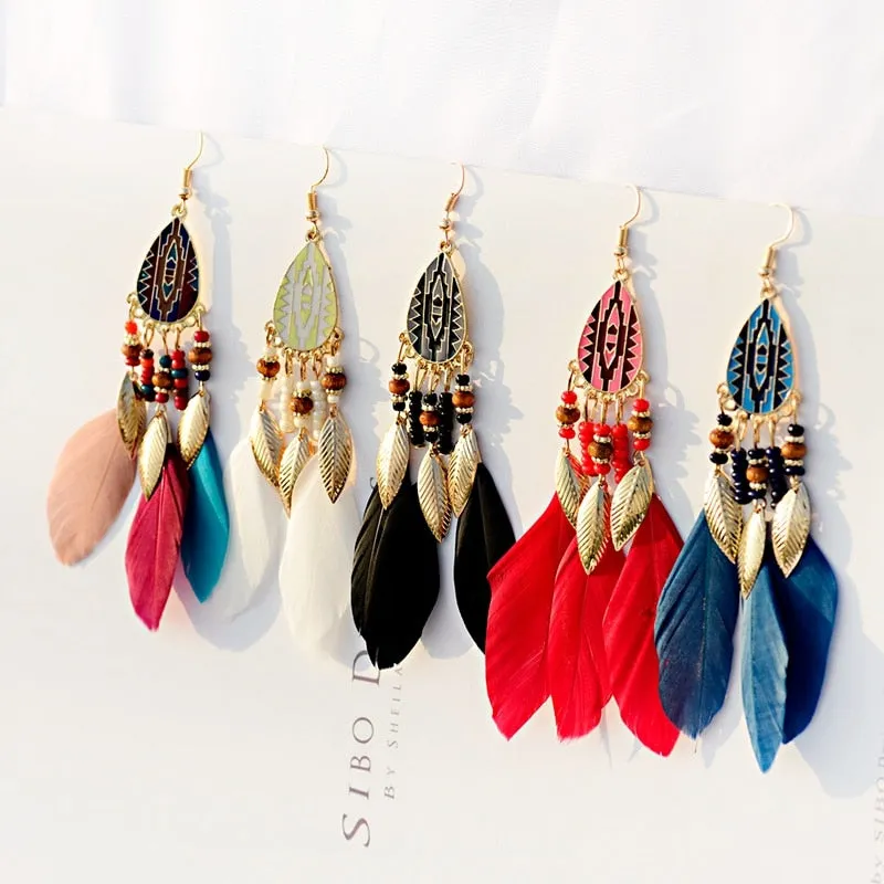 Bohemian Feather Tassel Earrings For Women Water Drop Vintage Statement Earrings