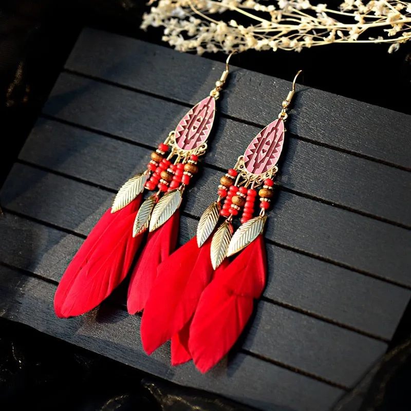 Bohemian Feather Tassel Earrings For Women Water Drop Vintage Statement Earrings