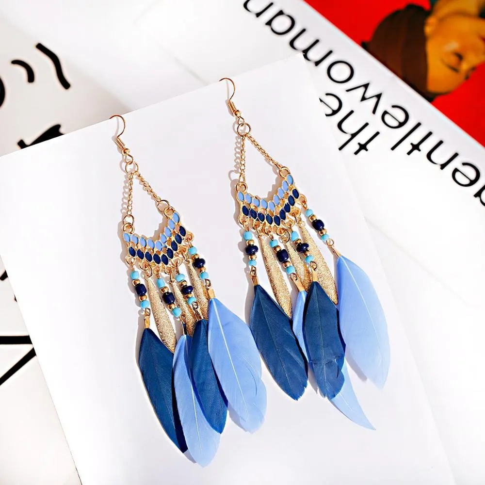 Bohemian Feather Tassel Earrings For Women Water Drop Vintage Statement Earrings