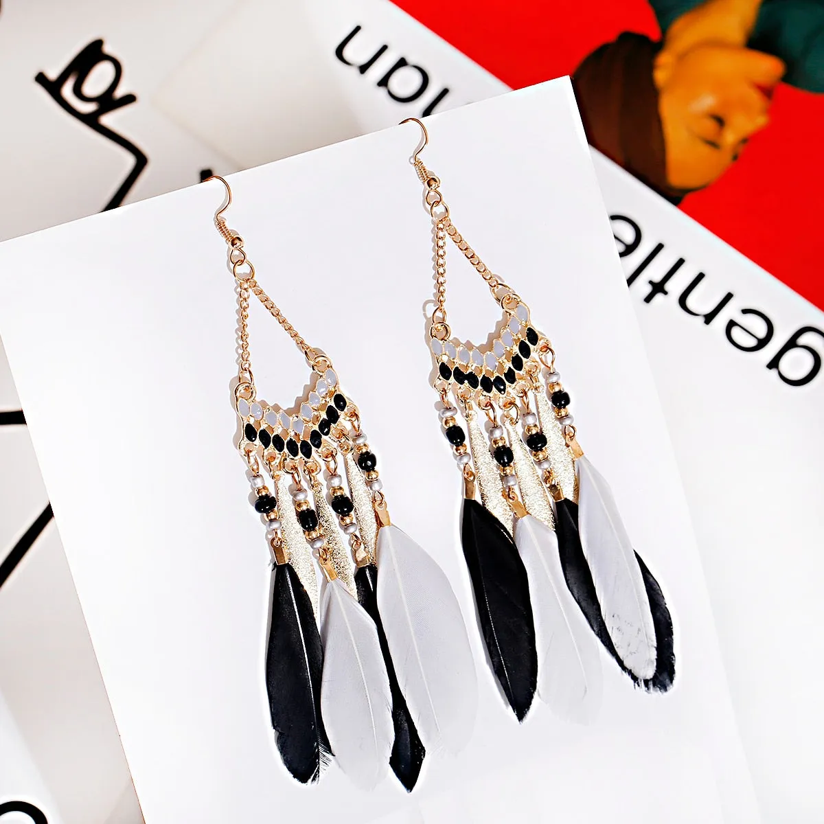 Bohemian Feather Tassel Earrings For Women Water Drop Vintage Statement Earrings