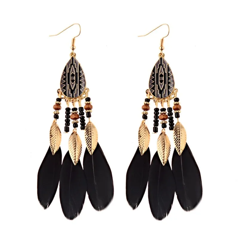 Bohemian Feather Tassel Earrings For Women Water Drop Vintage Statement Earrings