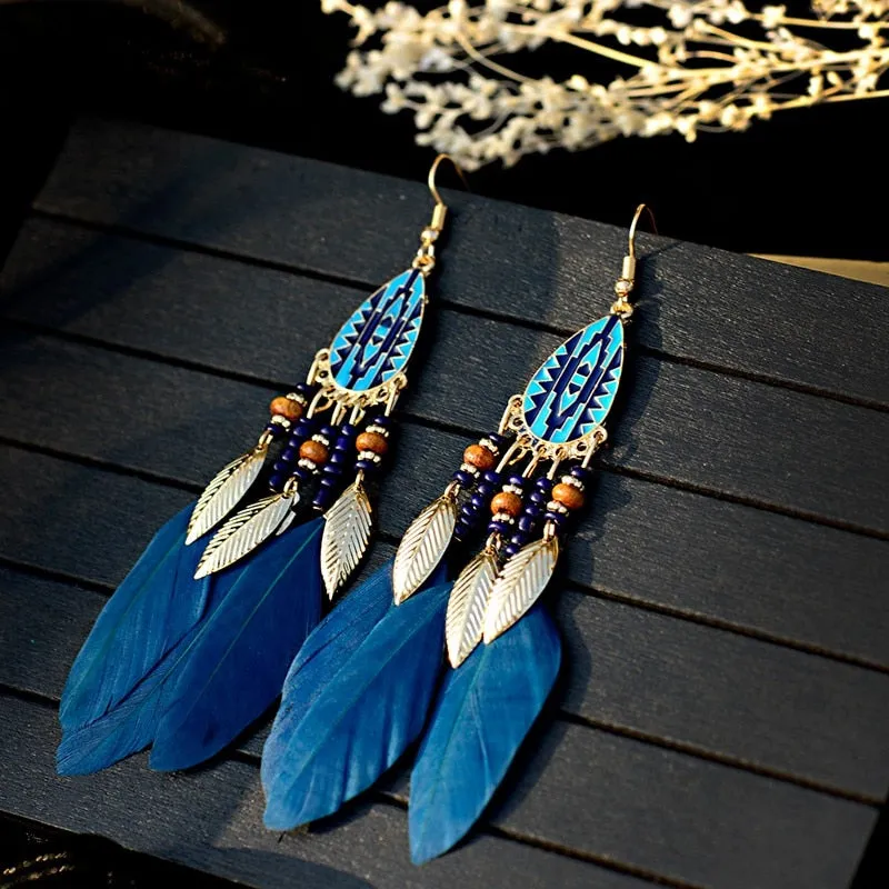 Bohemian Feather Tassel Earrings For Women Water Drop Vintage Statement Earrings