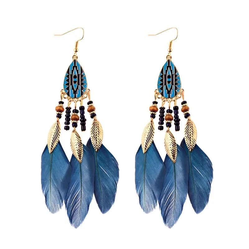 Bohemian Feather Tassel Earrings For Women Water Drop Vintage Statement Earrings