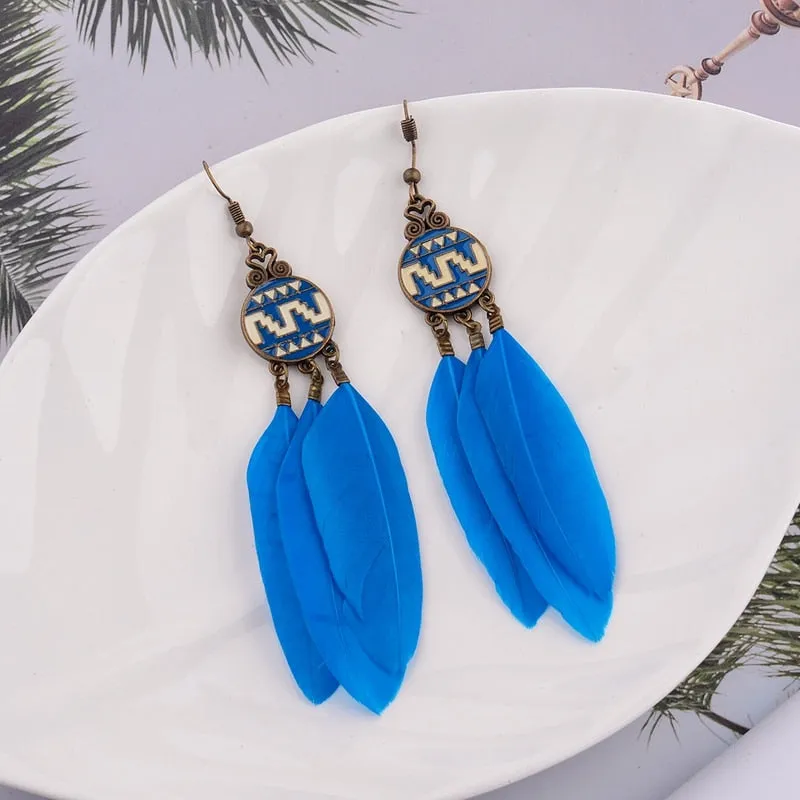 Bohemian Feather Tassel Earrings For Women Water Drop Vintage Statement Earrings