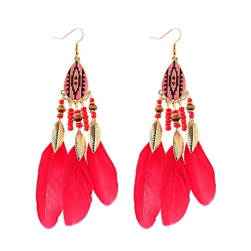 Bohemian Feather Tassel Earrings For Women Water Drop Vintage Statement Earrings